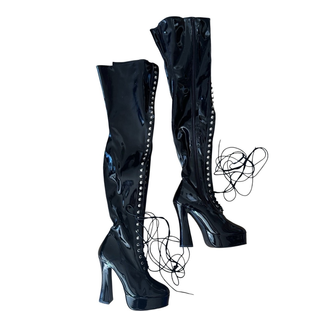 Hot Topic ELECTRA-3023, 5 Inch Chunky Heel Lace-Up Thigh High Boots Size 8
